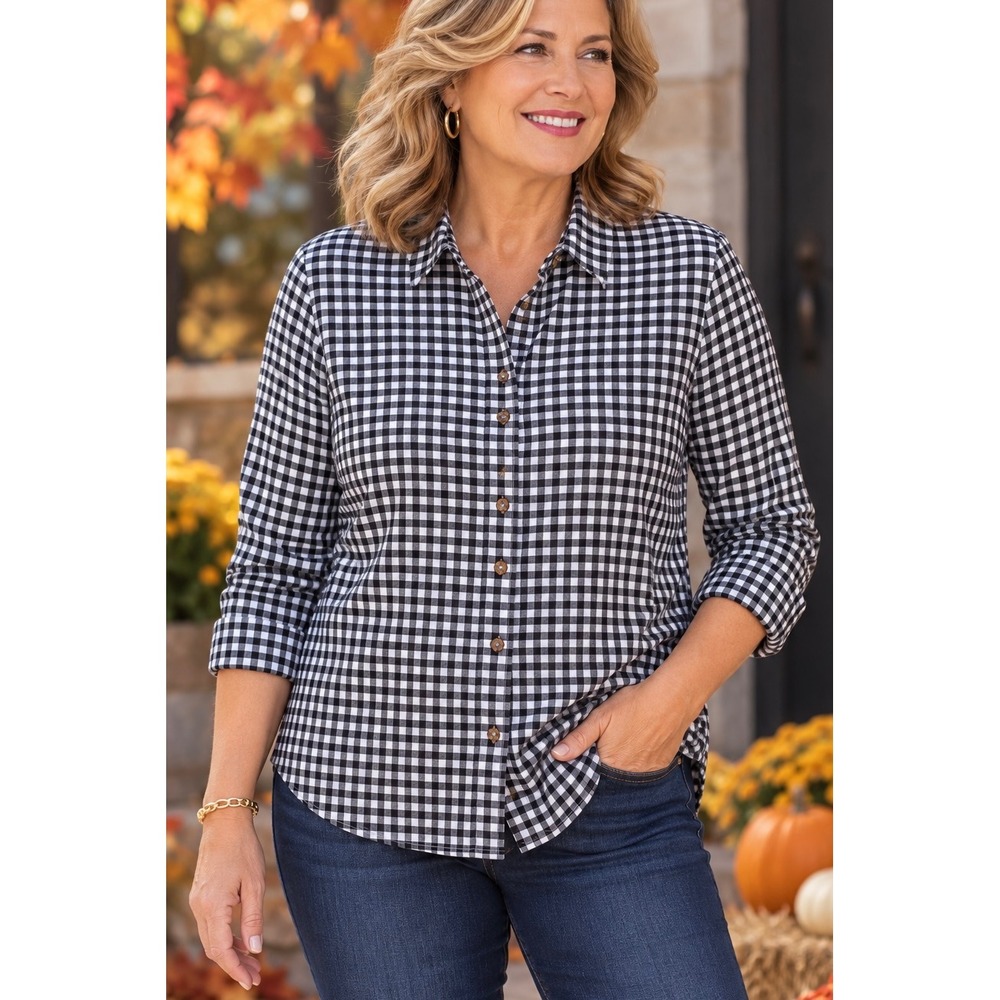 Lands' End Black Gingham Flannel Button Down Shirt 10P Petite Plaid Top